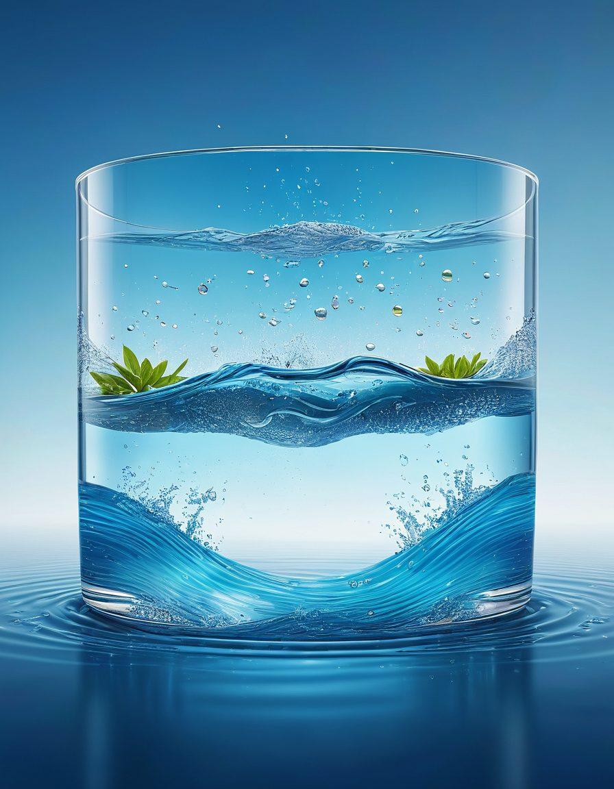 A dynamic scene of clear, pristine water flowing through a high-tech filtration system and crisp, fresh air being emitted from an advanced air purifier. Include visual elements like sparkling water droplets, clean air waves, and various filters purifying both elements. futuristic and clean design. super-realistic. vibrant colors.