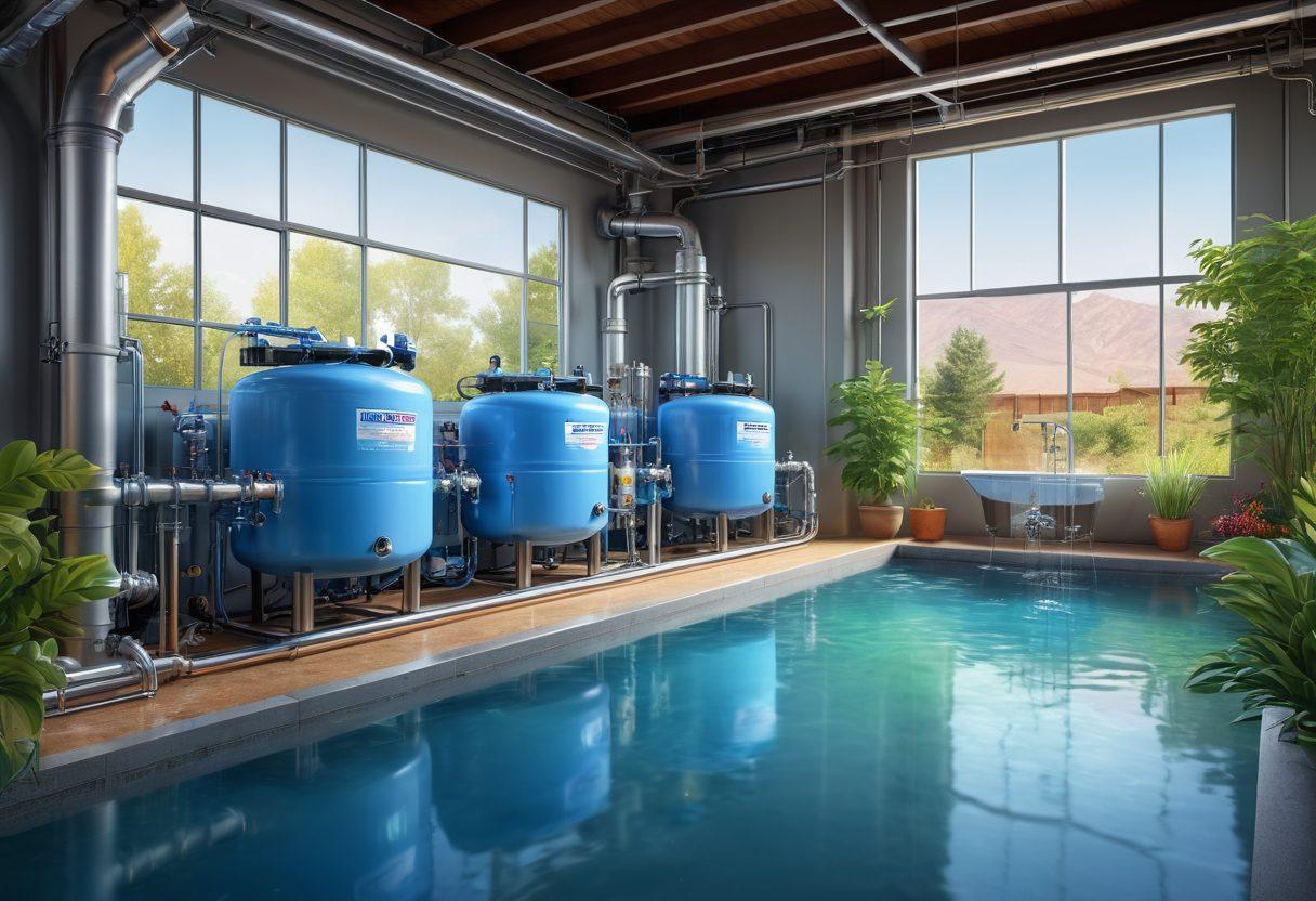 A detailed illustration of modern home and commercial water filtration systems in action, showing clean, pure water flowing through complex, advanced filter units. Display both residential kitchen setups and industrial-grade equipment in vibrant colors. Include a serene household scene with sparkling tap water and a bustling industrial plant with pristine water flow. super-realistic. vibrant colors.